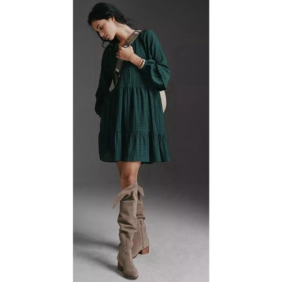 Anthropologie Mare Mare Anne Tiered Tunic Dress Kelly Green Boho Size Large - Picture 1 of 10